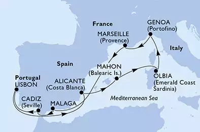 Genoa,Marseille,Malaga,Cadiz,Lisbon,Alicante,Mahon,Olbia,Genoa