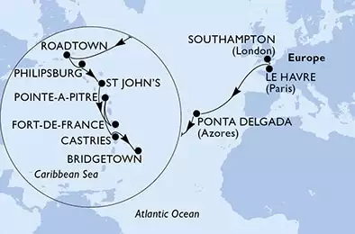 MSC VIRTUOSA - itinerár  18 nocí odchod z Southampton,United Kingdom dňa 08/11/2024 - Southampton,Le Havre,Ponta Delgada,Ponta Delgada,Road Town,Philipsburg,St John s,Fort de France,Pointe-a-Pitre,Castries,Bridgetown