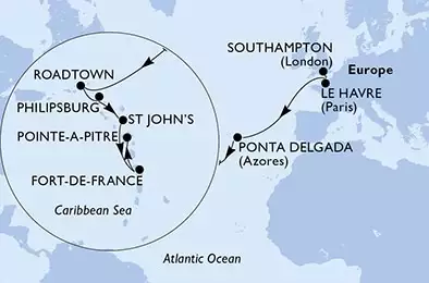MSC VIRTUOSA - itinerár  16 nocí odchod z Southampton,United Kingdom dňa 08/11/2024 - United Kingdom,France,Portugal,Virgin Islands (British),Netherlands Antilles,Antigua and Barbuda,Martinique,Guadeloupe