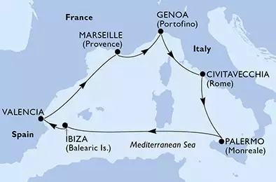 MSC GRANDIOSA - itinerár  7 nocí odchod z Genoa, Italy dňa 03/05/2025 - Genoa,Civitavecchia,Palermo,Ibiza,Valencia,Marseille,Genoa