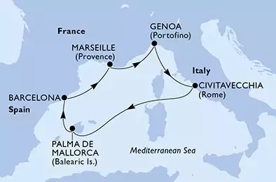 MSC SEAVIEW - itinerár  6 nocí odchod z Barcelona, Spain dňa 04/05/2025 - Barcelona,Marseille,Genoa,Civitavecchia,Palma de Mallorca,Barcelona