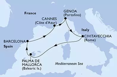 MSC SEAVIEW - itinerár  6 nocí odchod z Genoa, Italy dňa 06/05/2025 - Genoa,Civitavecchia,Palma de Mallorca,Barcelona,Cannes,Genoa