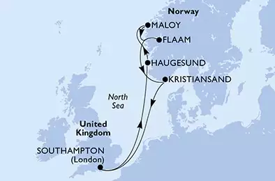 MSC VIRTUOSA - itinerár  7 nocí odchod z Southampton,United Kingdom dňa 10/05/2025 - Southampton,Haugesund,Maloy,Flaam,Kristiansand,Southampton