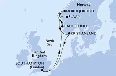 MSC VIRTUOSA - itinerár  7 nocí odchod z Southampton,United Kingdom dňa 23/08/2025 - Southampton,Haugesund,Nordfjordeid,Flaam,Kristiansand,Southampton