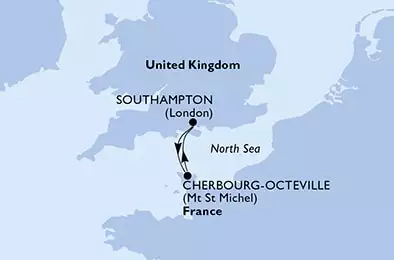 MSC VIRTUOSA - itinerár  2 nocí odchod z Southampton,United Kingdom dňa 21/08/2025 - Southampton,Cherbourg,Southampton