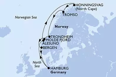 MSC PREZIOSA - itinerár  11 nocí odchod z Hamburg,Germany dňa 07/05/2025 - Hamburg,Alesund,Honningsvag,Tromso,Trondheim,Molde Fjord,Bergen,Hamburg