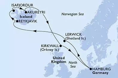 MSC PREZIOSA - itinerár  11 nocí odchod z Hamburg,Germany dňa 21/08/2025 - Hamburg,Lerwick,Reykjavik,Isafjordur,Akureyri,Kirkwall,Hamburg