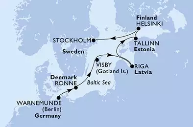 Warnemunde,Ronne,Visby,Riga,Tallinn,Helsinki,Stockholm