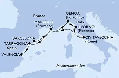 Barcelona,Marseille,Genoa,Livorno,Civitavecchia,Marseille,Tarragona,Valencia