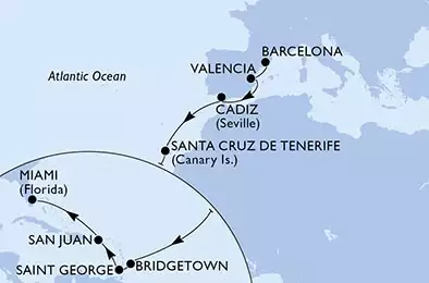 MSC SEASIDE - itinerár  18 nocí odchod z Barcelona, Spain dňa 30/10/2024 - Barcelona,Valencia,Cadiz,Santa Cruz de Tenerife,Bridgetown,Saint George,San Juan,Miami