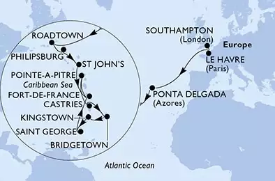 MSC VIRTUOSA - itinerár  22 nocí odchod z Southampton,United Kingdom dňa 08/11/2024 - United Kingdom,France,Portugal,Virgin Islands (British),Netherlands Antilles,Antigua and Barbuda,Martinique,Guadeloupe,Saint Lucia,Barbados,Saint Vincent & The Grenadines,Grenada
