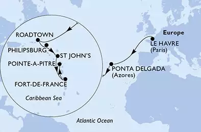 MSC VIRTUOSA - itinerár  15 nocí odchod z Le Havre, France dňa 09/11/2024 - Le Havre,Ponta Delgada,Ponta Delgada,Road Town,Philipsburg,St John s,Fort de France,Pointe-a-Pitre