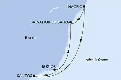 MSC GRANDIOSA - itinerár  7 nocí odchod z Santos, Brazil dňa 14/12/2024 - Santos,Buzios,Salvador,Maceio,Santos
