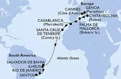Cannes,Genoa,Civitavecchia,Palma de Mallorca,Casablanca,Santa Cruz de Tenerife,Salvador,Ilheus,Rio de Janeiro,Santos