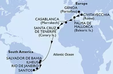Genoa,Civitavecchia,Palma de Mallorca,Casablanca,Santa Cruz de Tenerife,Salvador,Ilheus,Rio de Janeiro,Santos