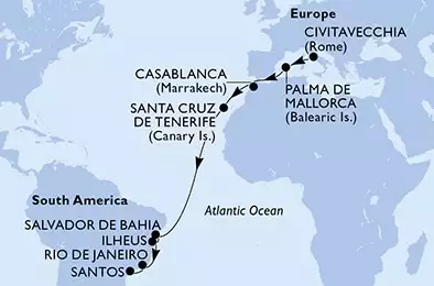 Civitavecchia,Palma de Mallorca,Casablanca,Santa Cruz de Tenerife,Salvador,Ilheus,Rio de Janeiro,Santos