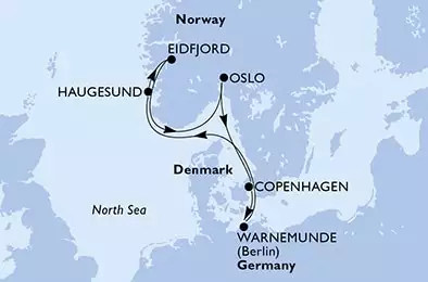 MSC POESIA - itinerár  7 nocí odchod z Warnemunde,Germany dňa 11/05/2025 - Warnemunde,Haugesund,Eidfjord,Oslo,Copenhagen,Warnemunde
