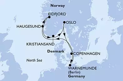 Copenhagen,Warnemunde,Haugesund,Eidfjord,Kristiansand,Oslo,Copenhagen
