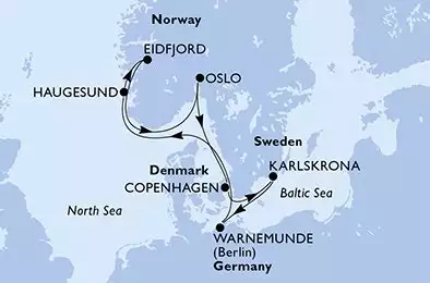 MSC POESIA - itinerár  8 nocí odchod z Copenhagen, Denmark dňa 09/05/2025 - Copenhagen,Karlskrona,Warnemunde,Haugesund,Eidfjord,Oslo,Copenhagen