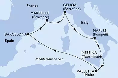 MSC WORLD EUROPA - itinerár  7 nocí odchod z Valletta, Malta dňa 07/05/2025 - Valletta,Barcelona,Marseille,Genoa,Naples,Messina,Valletta