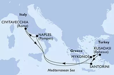MSC DIVINA - itinerár  7 nocí odchod z Civitavecchia, Italy dňa 30/05/2025 - Civitavecchia,Mykonos,Kusadasi,Santorini,Naples,Civitavecchia