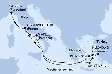 MSC DIVINA - itinerár  8 nocí odchod z Civitavecchia, Italy dňa 10/10/2025 - Civitavecchia,Mykonos,Kusadasi,Santorini,Naples,Civitavecchia,Genoa