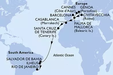 Barcelona,Cannes,Genoa,Civitavecchia,Palma de Mallorca,Casablanca,Santa Cruz de Tenerife,Salvador,Ilheus,Rio de Janeiro