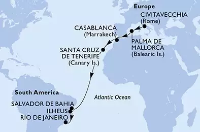 Civitavecchia,Palma de Mallorca,Casablanca,Santa Cruz de Tenerife,Salvador,Ilheus,Rio de Janeiro