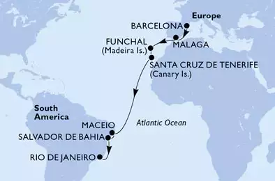 Barcelona,Malaga,Funchal,Santa Cruz de Tenerife,Maceio,Salvador,Rio de Janeiro