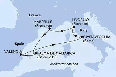 Valencia,Civitavecchia,Livorno,Marseille,Palma de Mallorca,Valencia