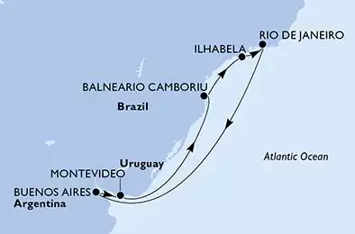 MSC POESIA - itinerár  8 nocí odchod z Montevideo Uruguay dňa 05/12/2024 - Montevideo,Balneario Camboriu,Ilhabela,Rio de Janeiro,Buenos Aires,Montevideo