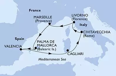 Palma de Mallorca,Valencia,Cagliari,Civitavecchia,Livorno,Marseille,Palma de Mallorca