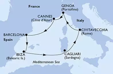 Genoa,Cannes,Barcelona,Ibiza,Cagliari,Civitavecchia,Genoa
