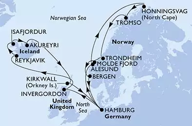 MSC PREZIOSA - itinerár  22 nocí odchod z Hamburg,Germany dňa 07/05/2025 - Hamburg,Alesund,Honningsvag,Honningsvag,Tromso,Trondheim,Molde Fjord,Bergen,Hamburg,Invergordon,Reykjavik,Reykjavik,Isafjordur,Akureyri,Kirkwall,Hamburg
