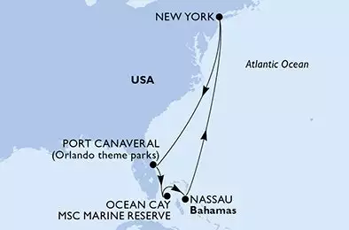 MSC MERAVIGLIA - itinerár  7 nocí odchod z New York, United States dňa 06/07/2025 - New York,Port Canaveral,Ocean Cay,Nassau,New York