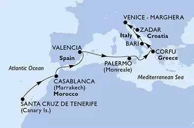 Santa Cruz de Tenerife,Casablanca,Valencia,Palermo,Corfu,Bari,Zadar,Venice-Marghera
