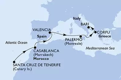 Santa Cruz de Tenerife,Casablanca,Valencia,Palermo,Corfu,Bari