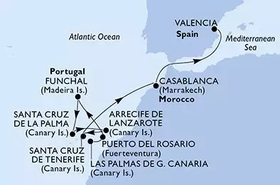 Las Palmas de G.Canaria,Puerto del Rosario,Funchal,Santa Cruz de La Palma,Arrecife de Lanzarote,Santa Cruz de Tenerife,Casablanca,Valencia