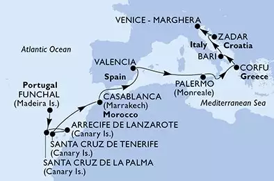 Funchal,Santa Cruz de La Palma,Arrecife de Lanzarote,Santa Cruz de Tenerife,Casablanca,Valencia,Palermo,Corfu,Bari,Zadar,Venice-Marghera