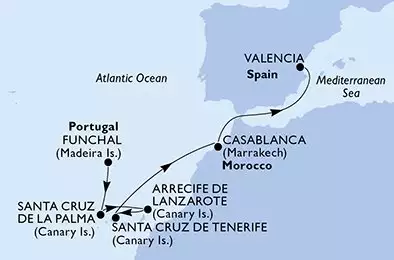 Funchal,Santa Cruz de La Palma,Arrecife de Lanzarote,Santa Cruz de Tenerife,Casablanca,Valencia