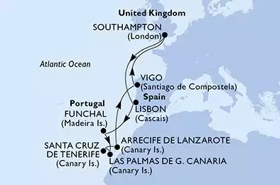 MSC VIRTUOSA - itinerár  12 nocí odchod z Southampton,United Kingdom dňa 20/04/2026 - Southampton,Lisbon,Funchal,Las Palmas de G.Canaria,Santa Cruz de Tenerife,Arrecife de Lanzarote,Vigo,Southampton