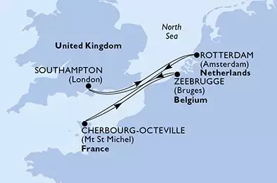 MSC VIRTUOSA - itinerár  5 nocí odchod z Southampton,United Kingdom dňa 04/05/2026 - Southampton,Rotterdam,Cherbourg,Zeebrugge,Southampton