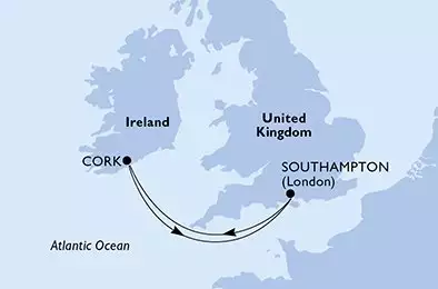 MSC VIRTUOSA - itinerár  4 nocí odchod z Southampton,United Kingdom dňa 15/10/2026 - Southampton,Cork,Southampton
