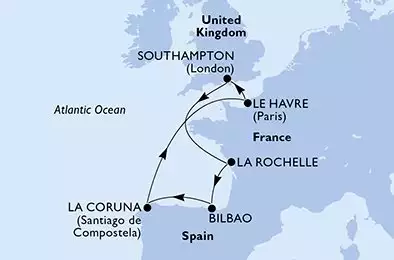 MSC VIRTUOSA - itinerár  7 nocí odchod z Southampton,United Kingdom dňa 24/10/2026 - Southampton,La Rochelle,Bilbao,La Coruna,Le Havre,Southampton