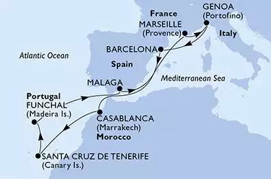 MSC POESIA - itinerár  11 nocí odchod z Genoa, Italy dňa 22/10/2024 - Italy,Spain,Morocco,Portugal,France