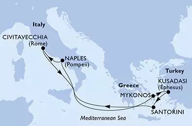 MSC DIVINA - itinerár  7 nocí odchod z Civitavecchia Italy dňa 10/10/2025 - Civitavecchia,Mykonos,Kusadasi,Santorini,Naples,Civitavecchia