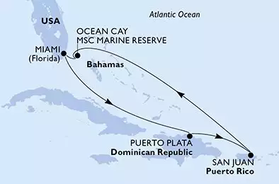 MSC WORLD AMERICA - itinerár  7 nocí odchod z Miami United States dňa 10/01/2026 - Miami,Puerto Plata,San Juan,Ocean Cay,Miami