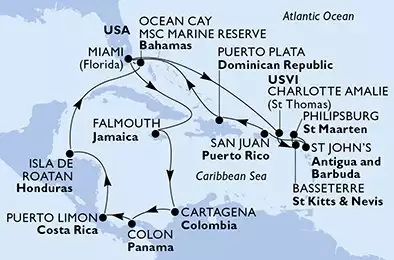 MSC DIVINA - itinerár  21 nocí odchod z Miami United States dňa 04/01/2026 - Miami,Falmouth,Cartagena,Colon,Puerto Limon,Isla de Roatan,Ocean Cay,Miami,Charlotte Amalie,Basseterre,Philipsburg,St John s,San Juan,Puerto Plata,Miami
