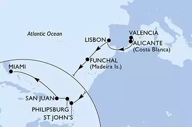 MSC DIVINA - itinerár  16 nocí odchod z Valencia Spain dňa 21/10/2025 - Valencia,Alicante,Lisbon,Funchal,St John s,Philipsburg,San Juan,Miami