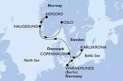 MSC POESIA - itinerár  7 nocí odchod z Copenhagen Denmark dňa 09/05/2025 - Copenhagen,Karlskrona,Warnemunde,Haugesund,Eidfjord,Oslo
